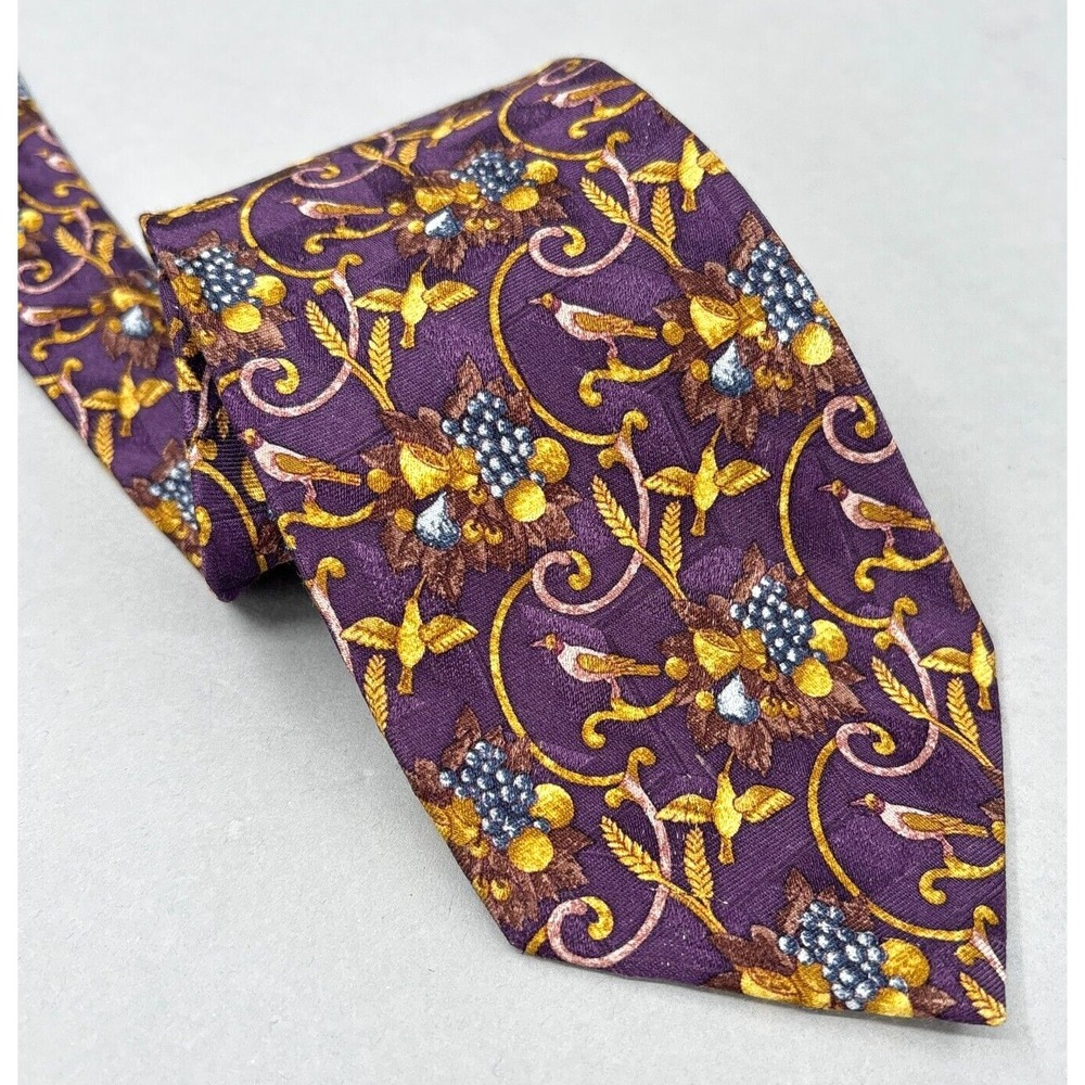 Ermenegildo Zegna Tie Silk Purple Gold Bird Grape Motif Necktie‎ Mens Vintage